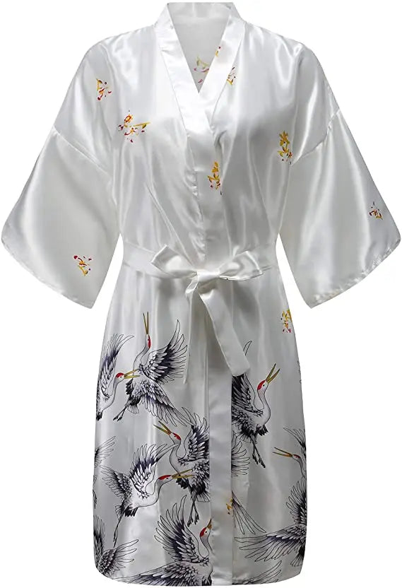 Satin Kimono Robe Floral Print Women's Short Sleeve Luxury Dressing Gown Silky Soft Loungewear Sleepwear | Sansoti