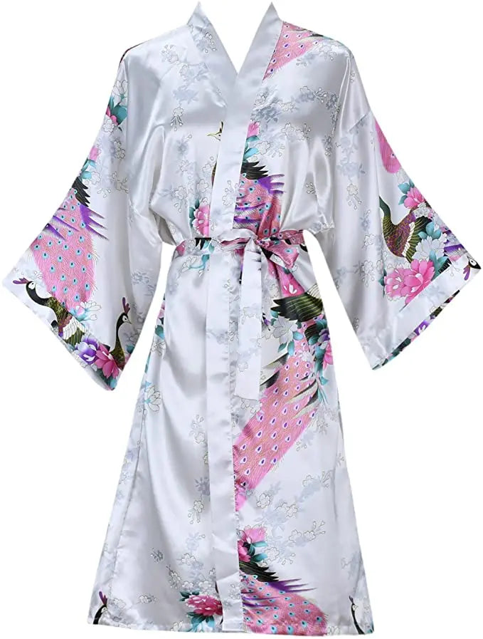 Satijnen Ochtendjas Kimono Dames Bloemenprint Kort Luxe Badjas Bruidsfeest Huiskleding Nachtkleding Loungewear | Sansoti