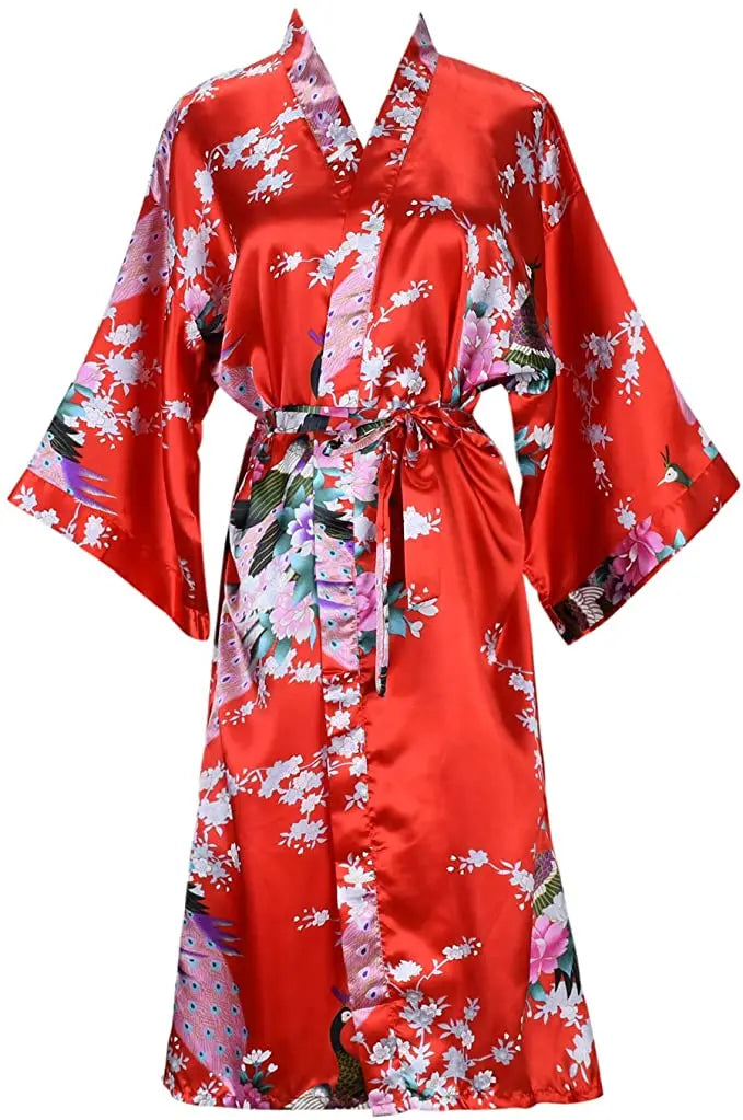 Satijnen Ochtendjas Kimono Dames Bloemenprint Kort Luxe Badjas Bruidsfeest Huiskleding Nachtkleding Loungewear | Sansoti