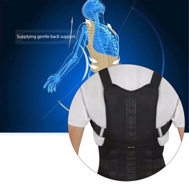 Magnetic Back Brace Adjustable Black White Posture Correction Unisex for Home Office Daily Use | Sansoti