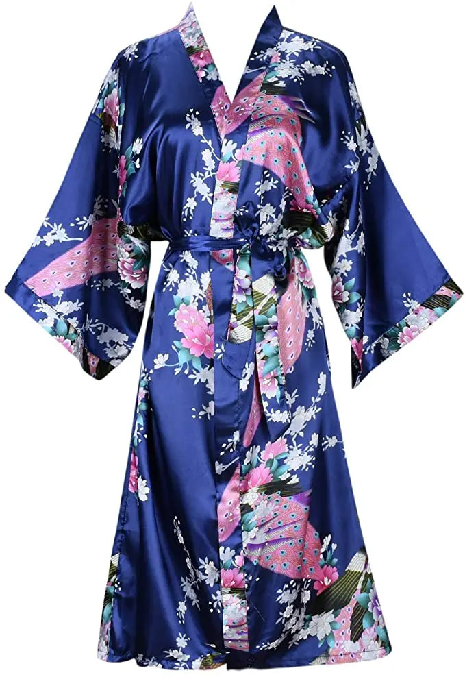 Satijnen Ochtendjas Kimono Dames Bloemenprint Kort Luxe Badjas Bruidsfeest Huiskleding Nachtkleding Loungewear | Sansoti