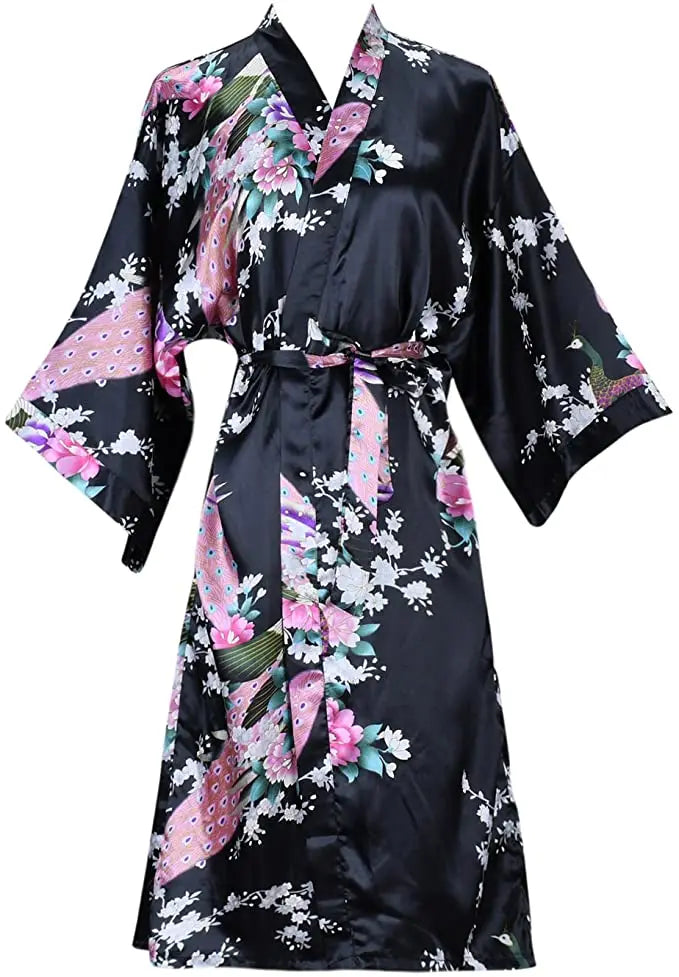 Satijnen Ochtendjas Kimono Dames Bloemenprint Kort Luxe Badjas Bruidsfeest Huiskleding Nachtkleding Loungewear | Sansoti