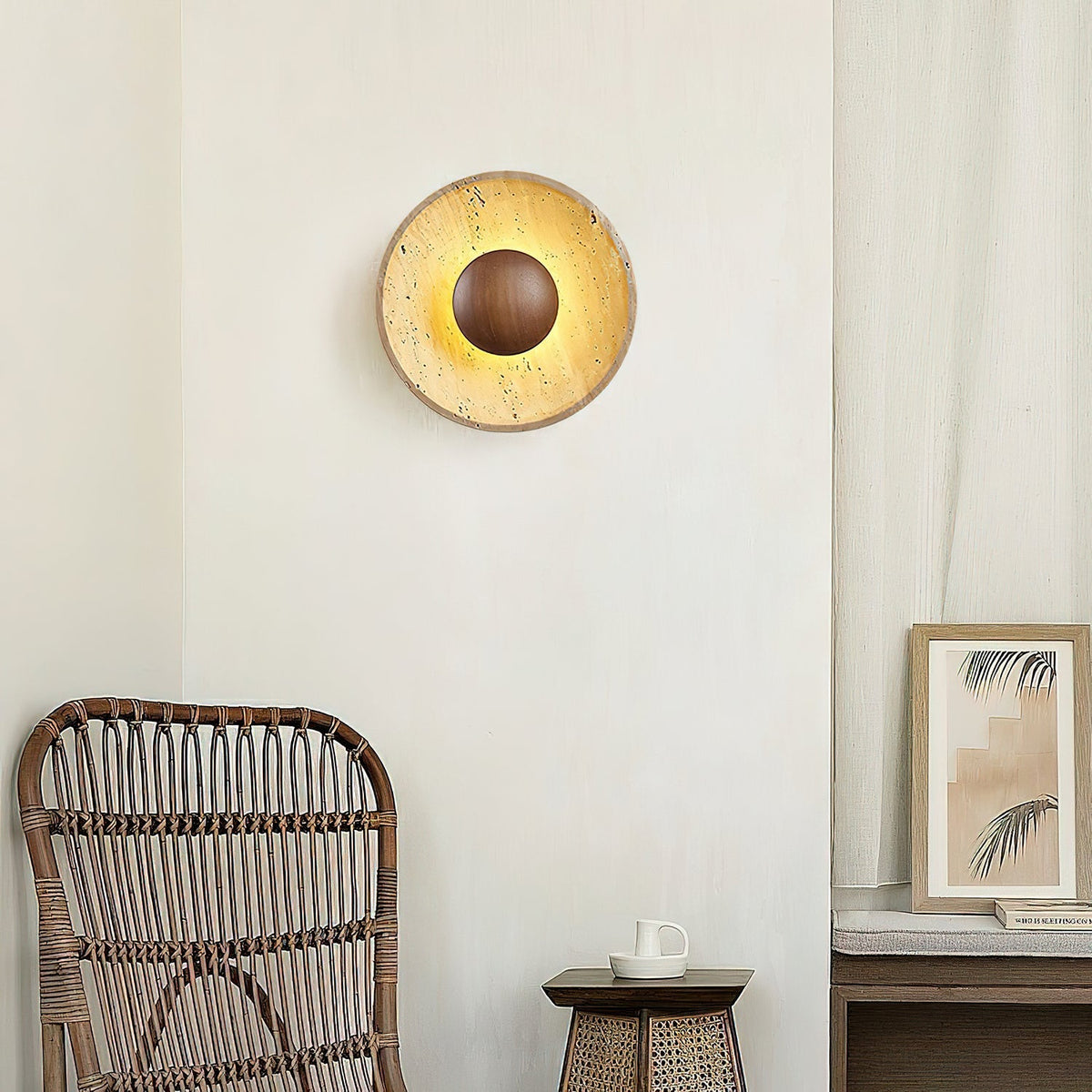 Wandleuchte Travertin Holz Rund Warmes Licht Wohnzimmer Schlafzimmer Flur Naturstein Design Wandleuchte Innen | Sansoti