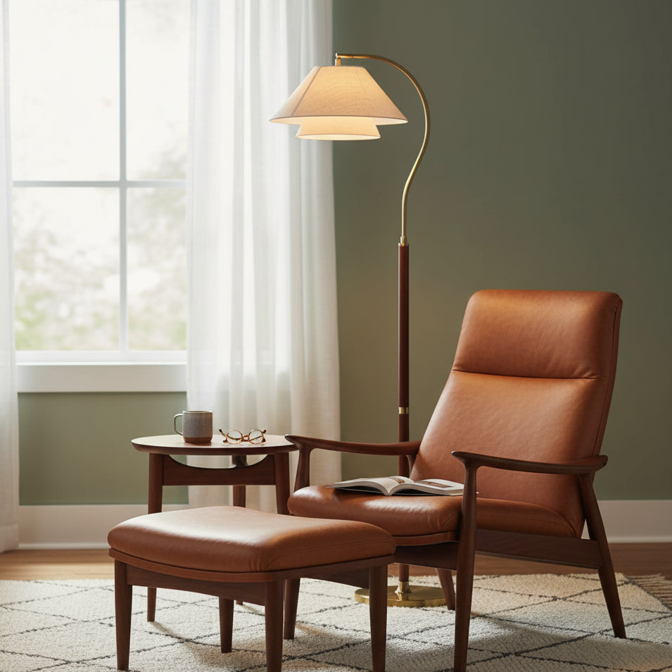 Luxuriöse Stehlampe mit doppeltem Stoffschirm und Holzdetails – 155 cm hohe Design-Statement-Leuchte | Sansoti