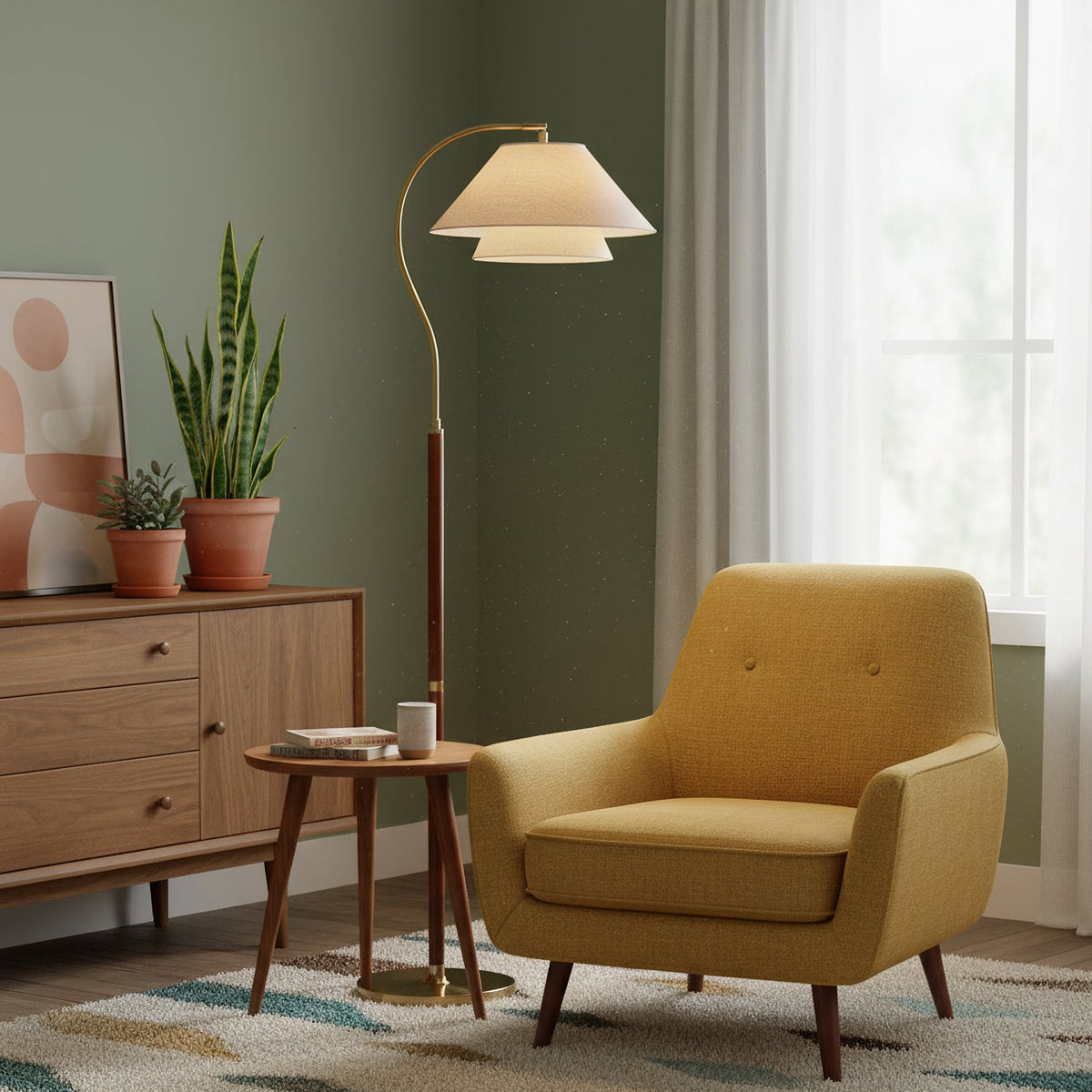 Luxuriöse Stehlampe mit doppeltem Stoffschirm und Holzdetails – 155 cm hohe Design-Statement-Leuchte | Sansoti