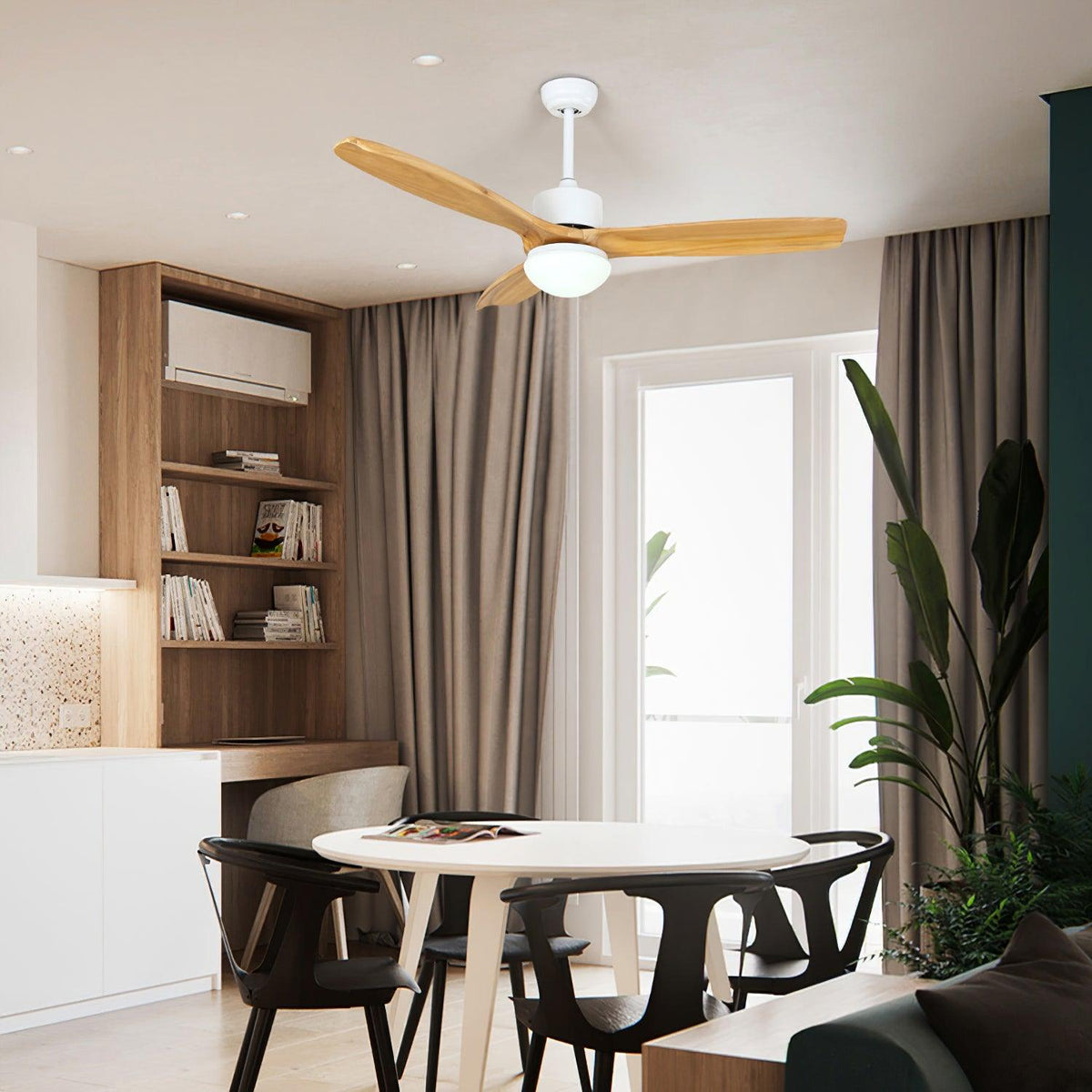 Skandinavischer Deckenventilator mit Beleuchtung Elegance Naturel – Quadratische Holzflügel mit LED-Lampe & Fernbedienung | Sansoti