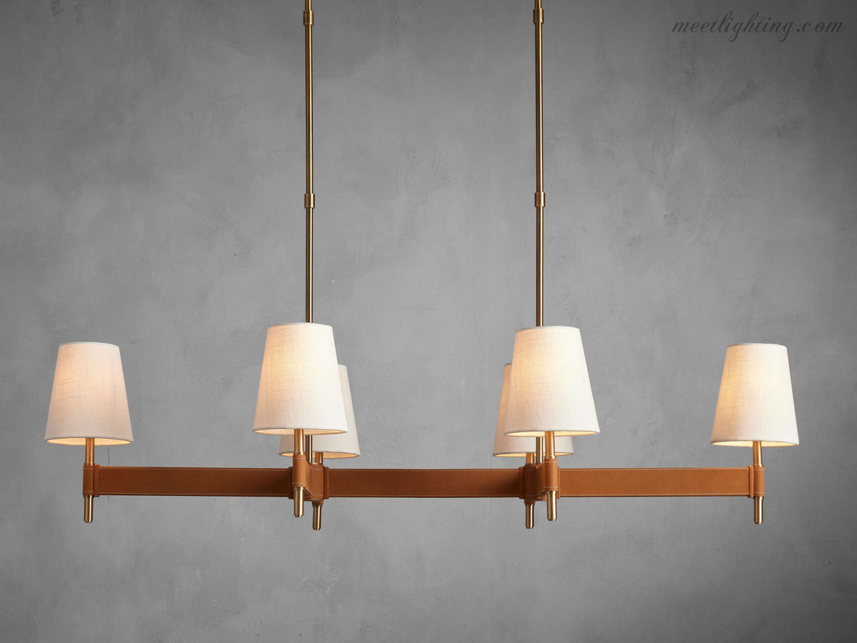 Linear Chandelier Brass with Leather Accents Linen Shades 6 8 10 Lights Dining Room Living Room Pendant Light | Sansoti