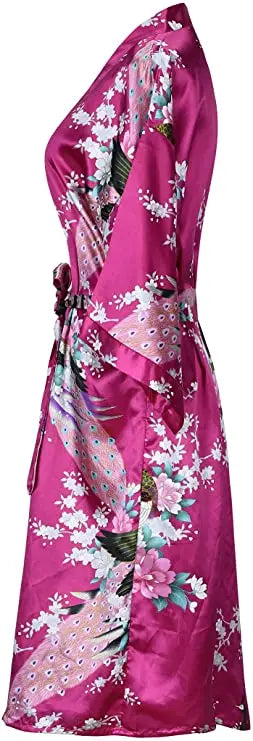 Satijnen Ochtendjas Kimono Dames Bloemenprint Kort Luxe Badjas Bruidsfeest Huiskleding Nachtkleding Loungewear | Sansoti