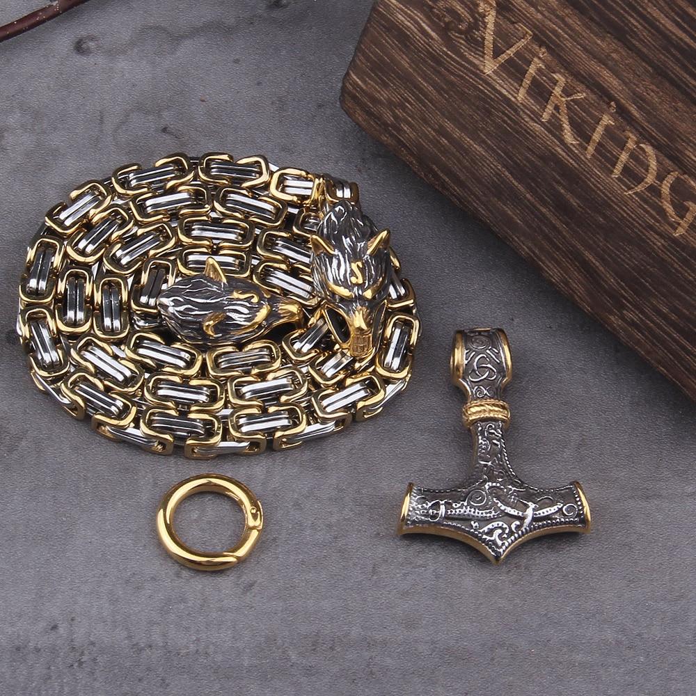 Stainless Steel Chain Necklace with Double Wolf Head & Hammer Ornament 60-90cm Adjustable Unisex Jewelry | Sansoti