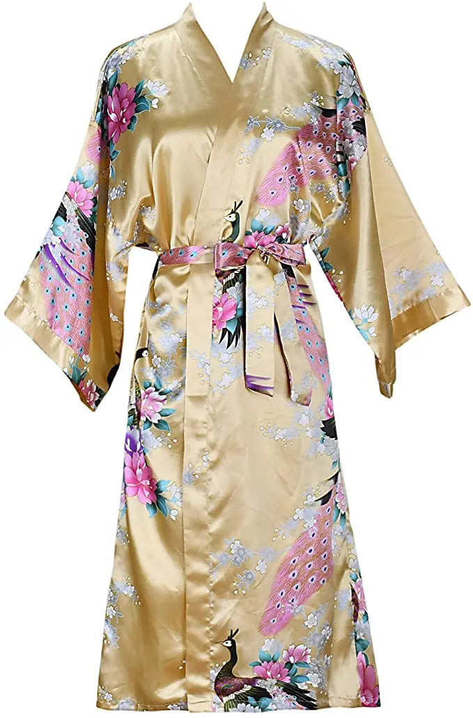 Satijnen Ochtendjas Kimono Dames Bloemenprint Kort Luxe Badjas Bruidsfeest Huiskleding Nachtkleding Loungewear | Sansoti