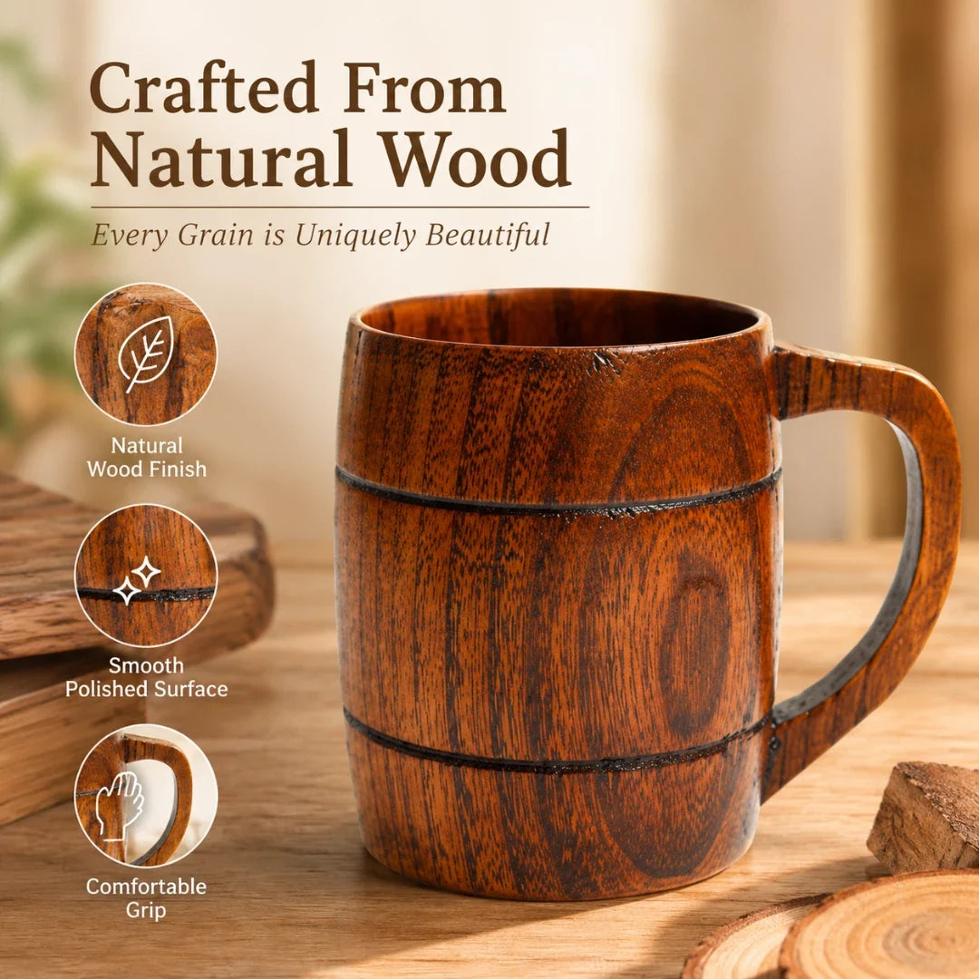 Handmade wooden coffee mug with a natural grain pattern for tea, coffee, and hot drinks | Sansoti