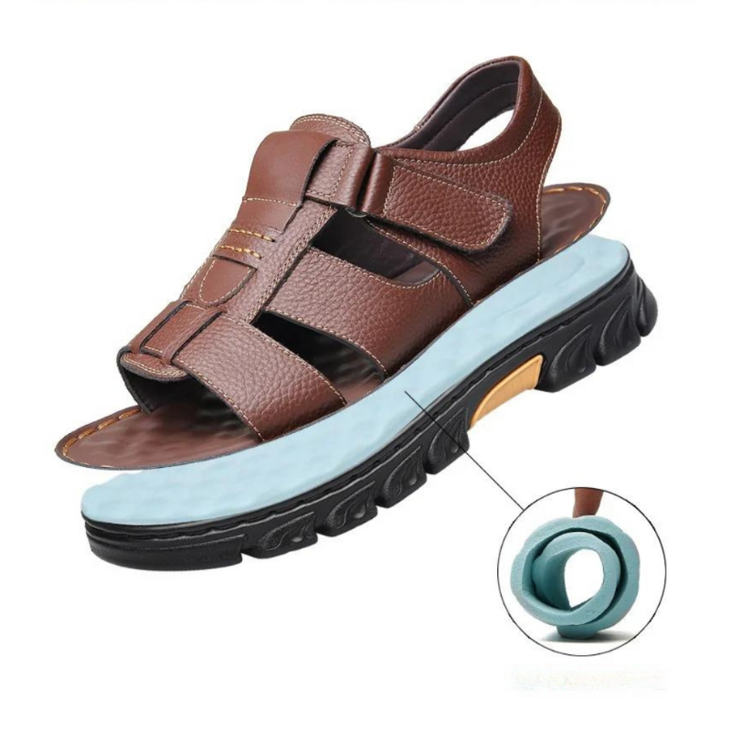 Orthopedic leather men's sandals in brown or black with comfortable footbed, breathable design for summer, walking and casual wear | Sansoti