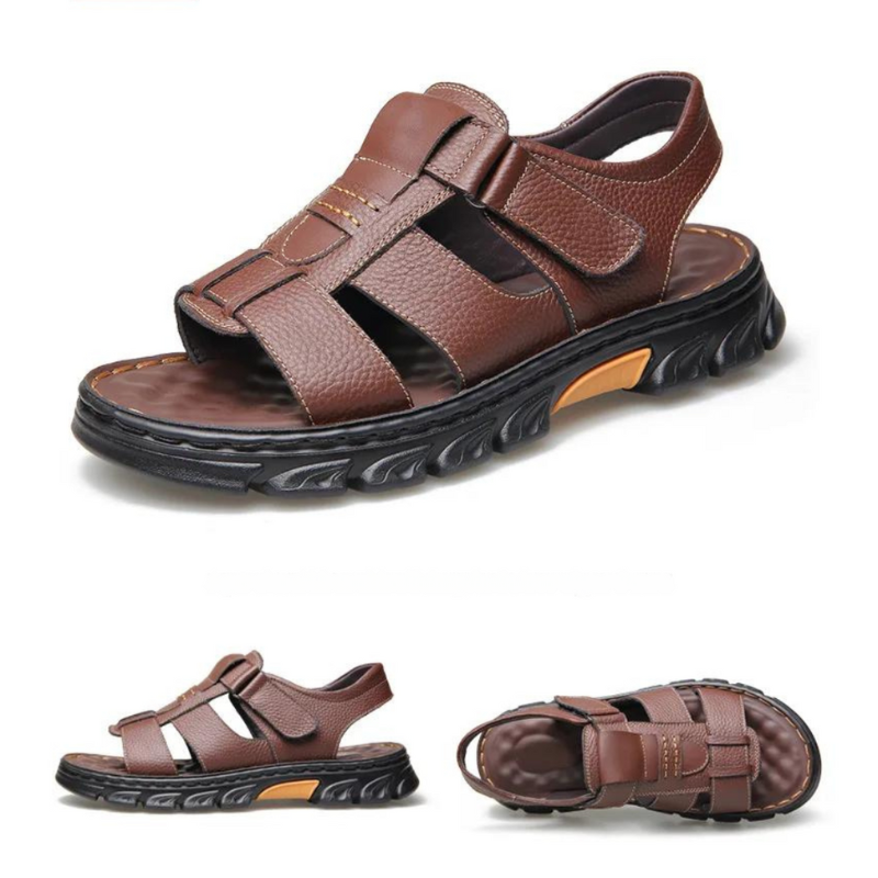 Orthopedic leather men's sandals in brown or black with comfortable footbed, breathable design for summer, walking and casual wear | Sansoti