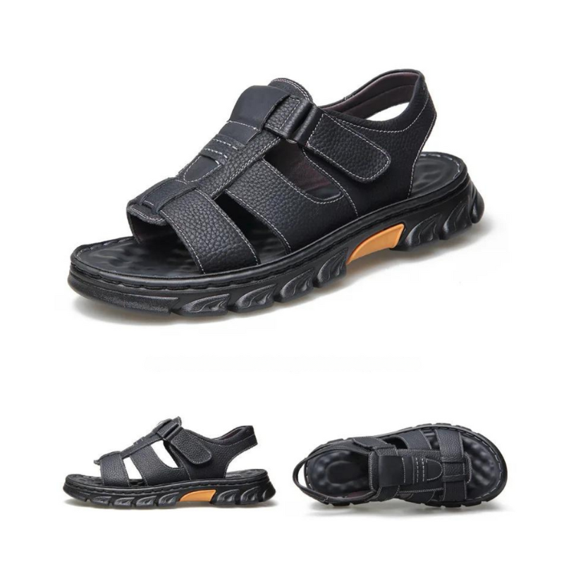 Orthopedic leather men's sandals in brown or black with comfortable footbed, breathable design for summer, walking and casual wear | Sansoti