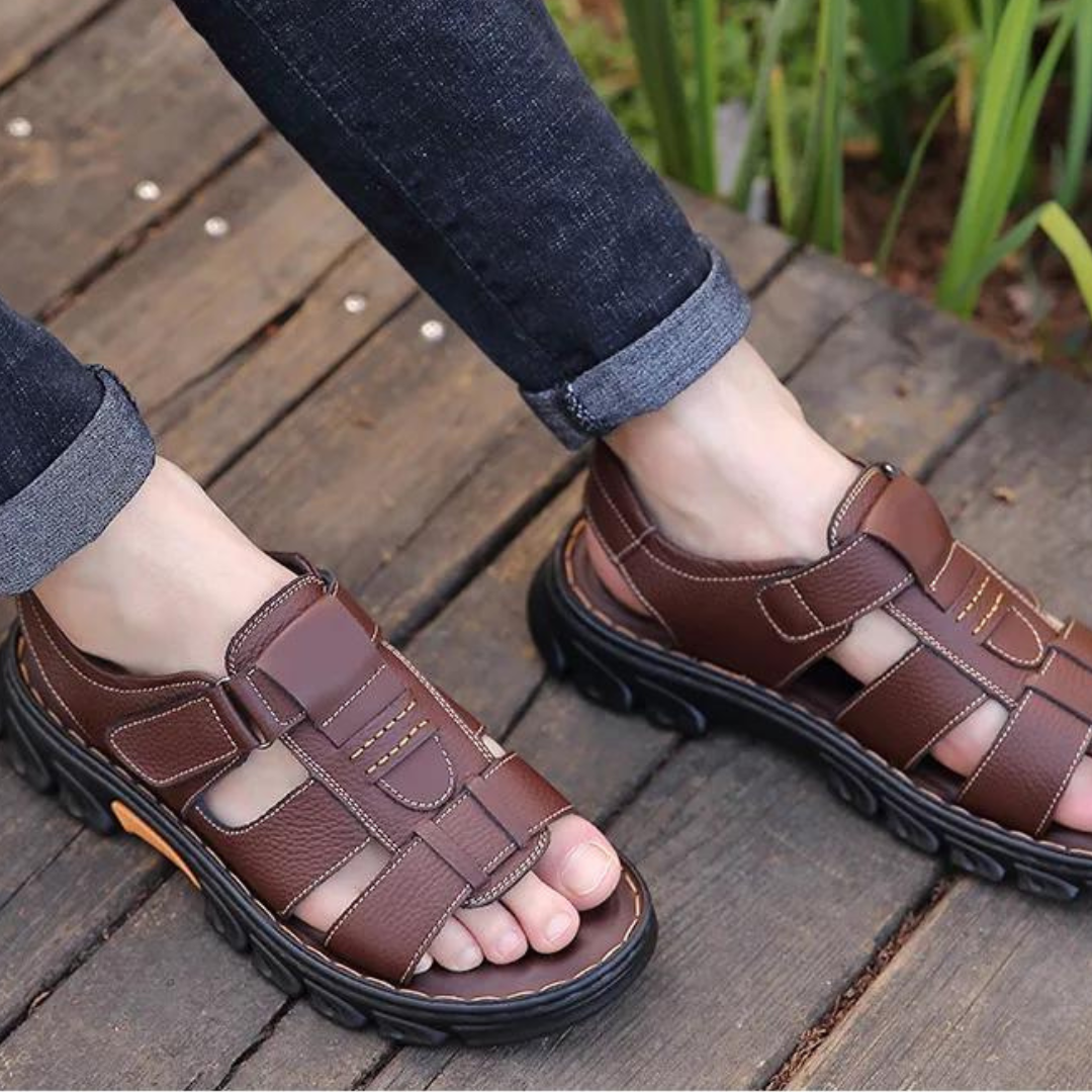 Orthopedic leather men's sandals in brown or black with comfortable footbed, breathable design for summer, walking and casual wear | Sansoti