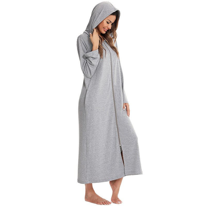 Peignoir en polaire avec capuche et fermeture éclair, poches, manches longues, vêtement d’intérieur pour femme, grossesse, confortable | Sansoti