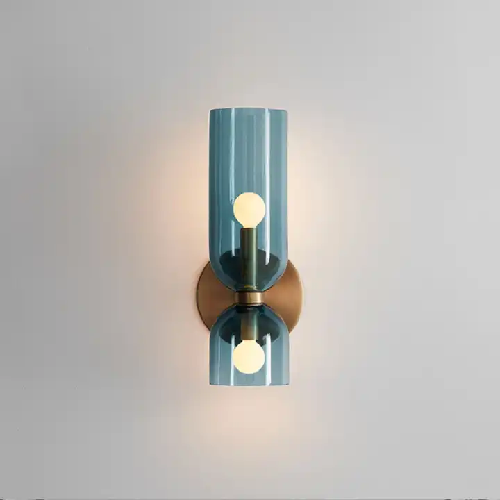 Glas-Zylinder-Wandleuchte mit zwei Fassungen, Metallrahmen, Blau, Grau und Weiß, modernes Design für Esszimmer, Bar und Schlafzimmer | Sansoti