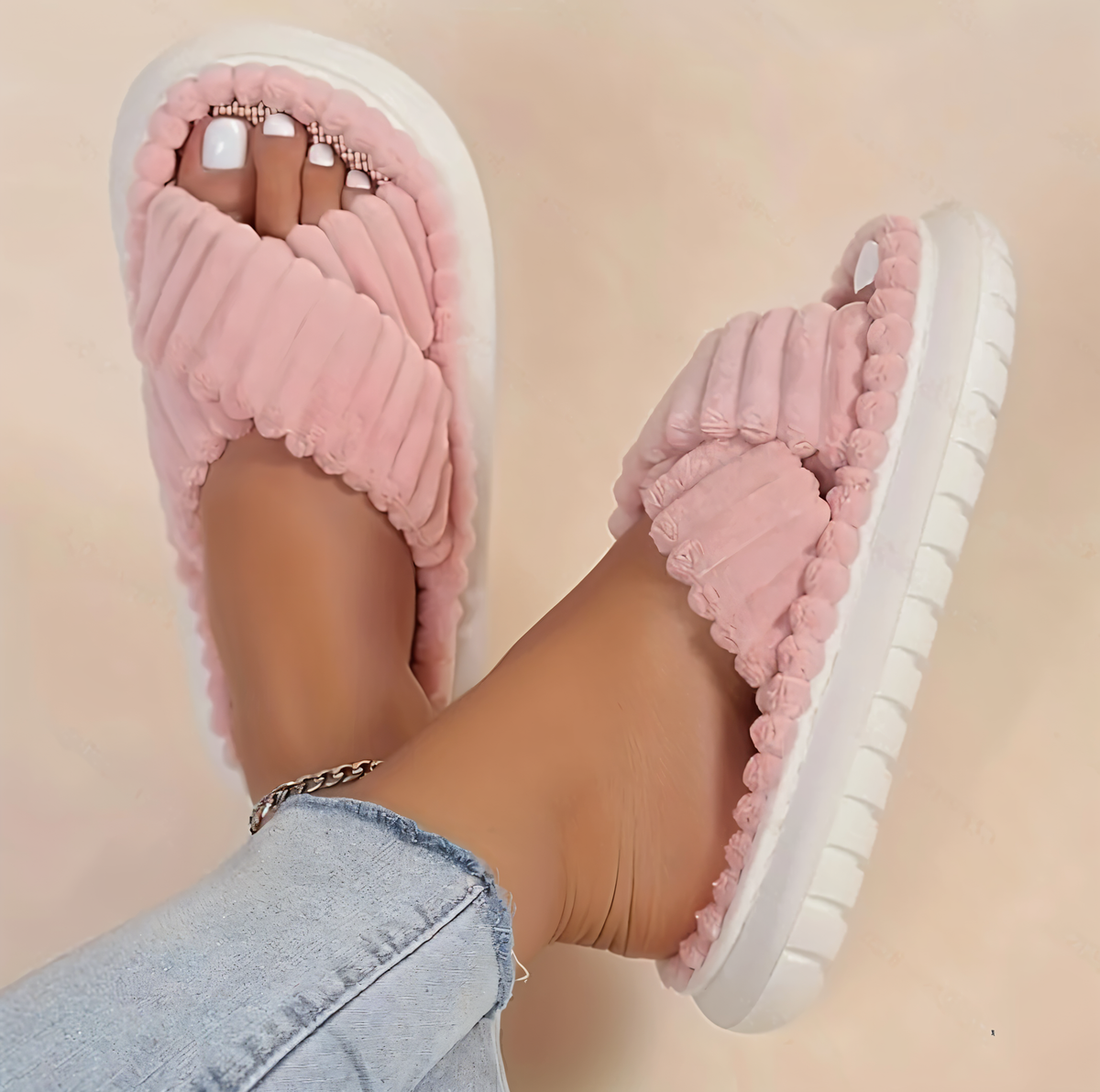 Lined Slippers with Crossed Straps for Women and Men Soft Indoor Shoes Warmth Comfort Non-Slip Winter | Sansoti