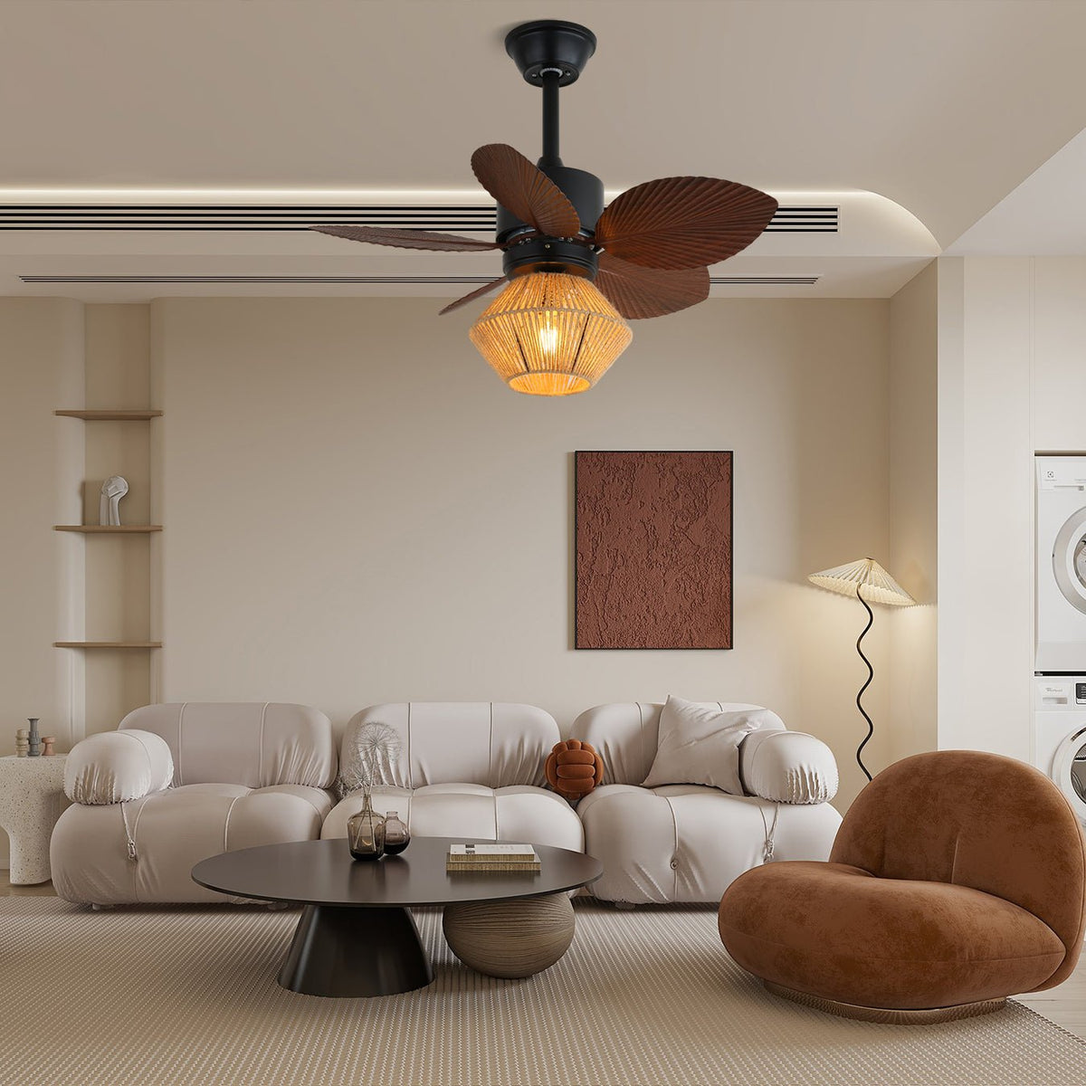 Ventilateur de plafond avec éclairage Rotin naturel Design tropical Ø76cm | Sansoti