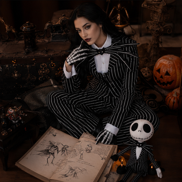 Costume de squelette rayé avec masque noir et blanc - costume d’Halloween, carnaval, fête et déguisement pour enfants | Sansoti