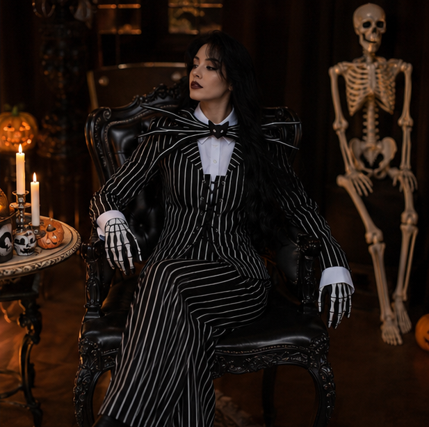 Costume de squelette rayé avec masque noir et blanc - costume d’Halloween, carnaval, fête et déguisement pour enfants | Sansoti