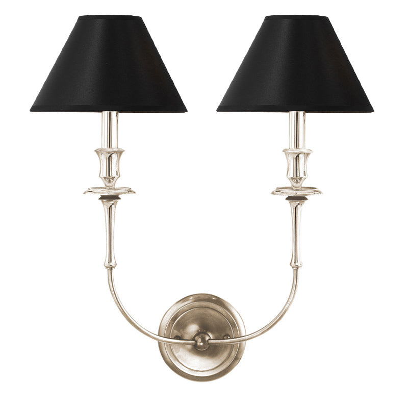 Moderne Wandleuchte mit schwarzem Stoffschirm in Messing, Nickel oder Schwarz – 1 oder 2 Lichtpunkte Designbeleuchtung | Sansoti