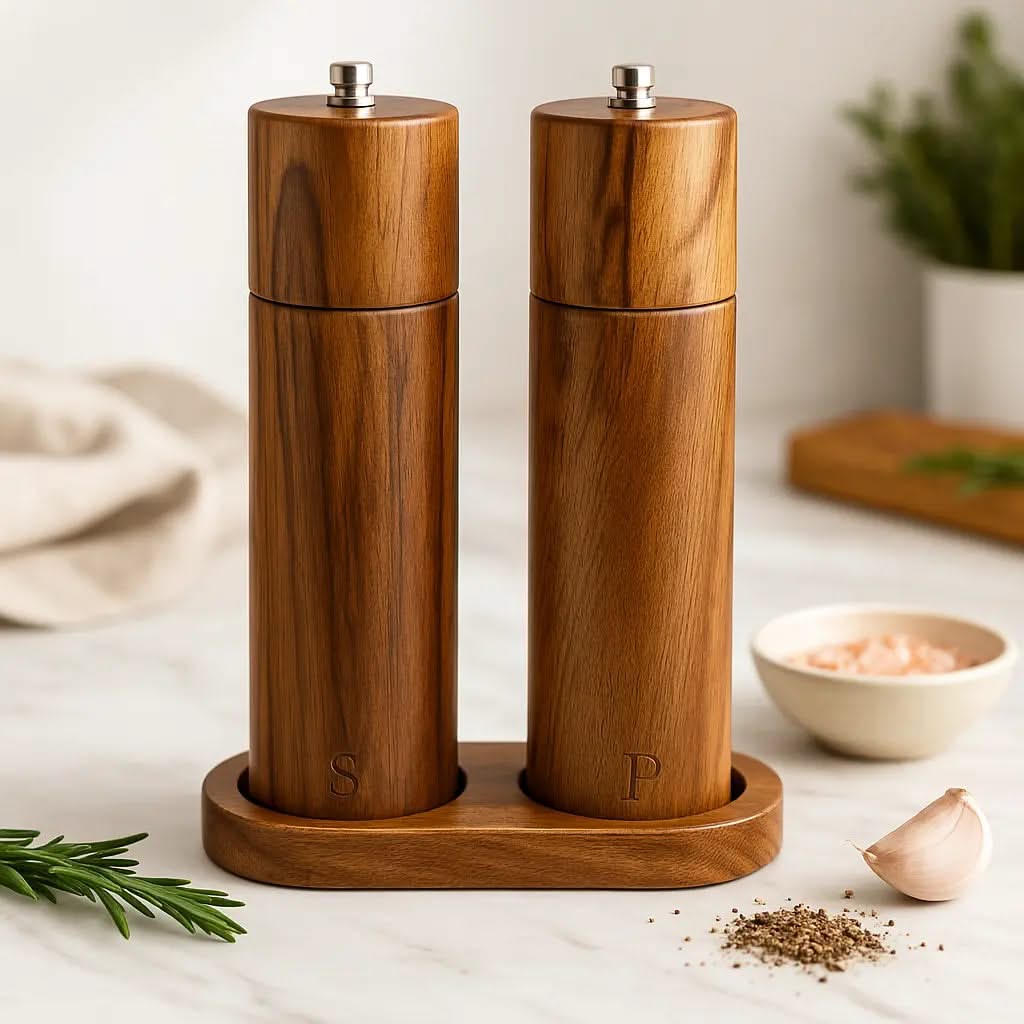 Wooden Salt and Pepper Mill Set with Stand Kitchen Accessory Spice Mill Table Kitchen Dining Serving | Sansoti