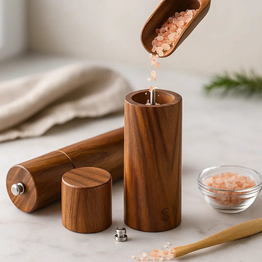 Wooden Salt and Pepper Mill Set with Stand Kitchen Accessory Spice Mill Table Kitchen Dining Serving | Sansoti
