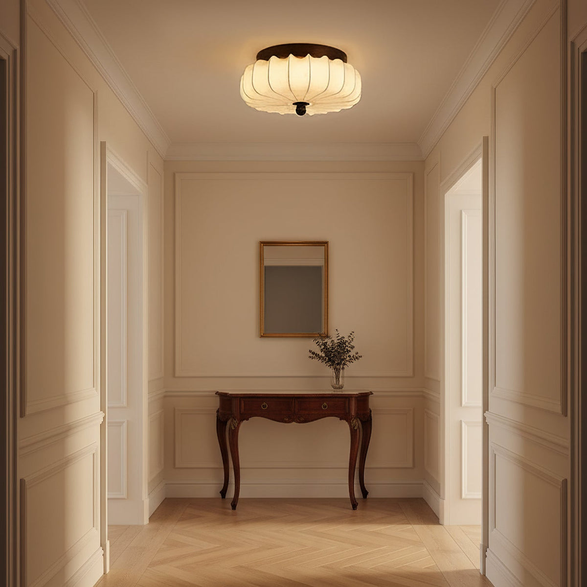 Deckenlampe mit Walnussrahmen und Stoffschirm – Vintage-Design mit integrierter LED | Sansoti