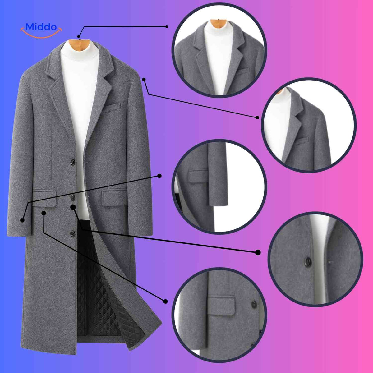 Langer Herrenmantel 100 % Wolle, gefüttert, Schwarz Grau, Wintermantel, klassischer Schnitt, stilvolle Herrenbekleidung | Sansoti