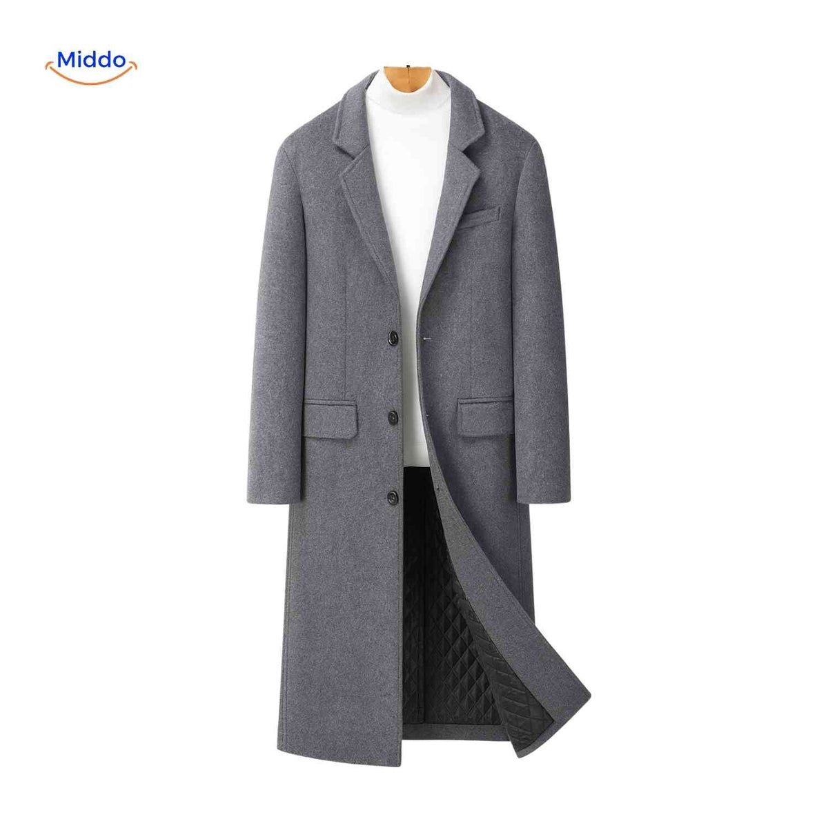 Langer Herrenmantel 100 % Wolle, gefüttert, Schwarz Grau, Wintermantel, klassischer Schnitt, stilvolle Herrenbekleidung | Sansoti
