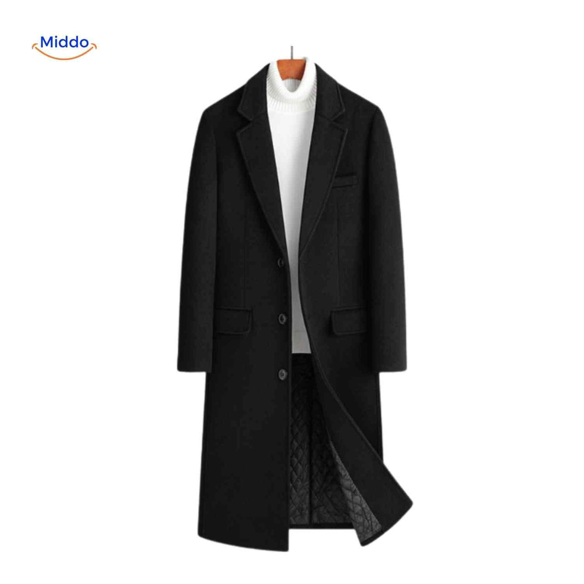 Langer Herrenmantel 100 % Wolle, gefüttert, Schwarz Grau, Wintermantel, klassischer Schnitt, stilvolle Herrenbekleidung | Sansoti