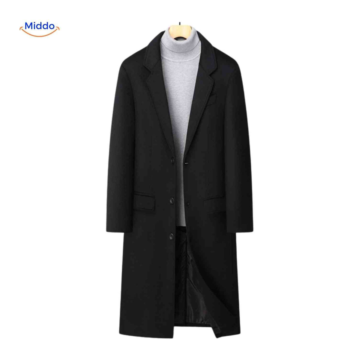 Langer Herrenmantel 100 % Wolle, gefüttert, Schwarz Grau, Wintermantel, klassischer Schnitt, stilvolle Herrenbekleidung | Sansoti