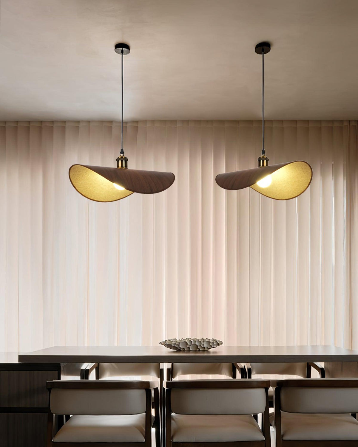 Pendant Light Linen Shade Wooden Accents Minimalist Design Scandinavian Dining Table Living Room Lighting | Sansoti