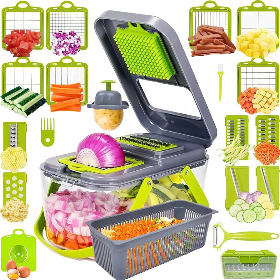 Multifunctional Vegetable Slicer, 18-Piece Set with Collection Container and Hand Guard, Kitchen Accessory for Grating and Julienne Cutting | Sansoti