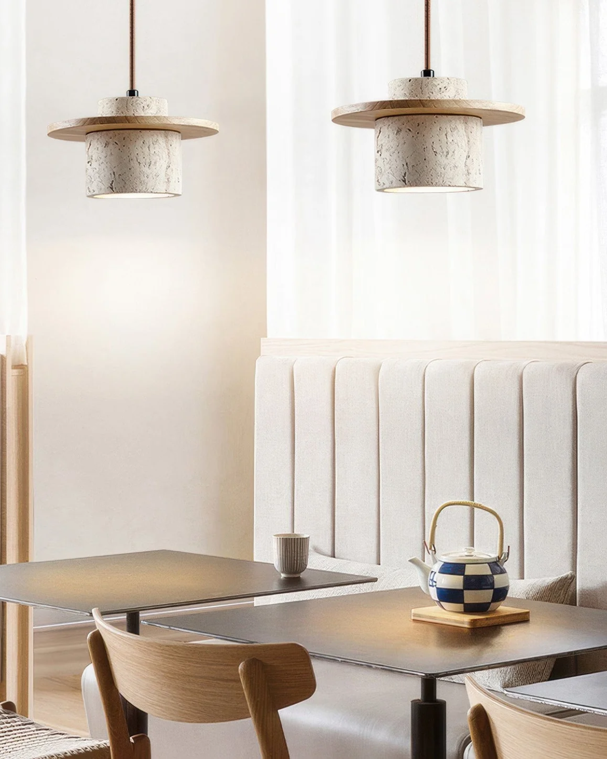 Suspension en pierre naturelle travertin avec accent noyer design moderne | Sansoti