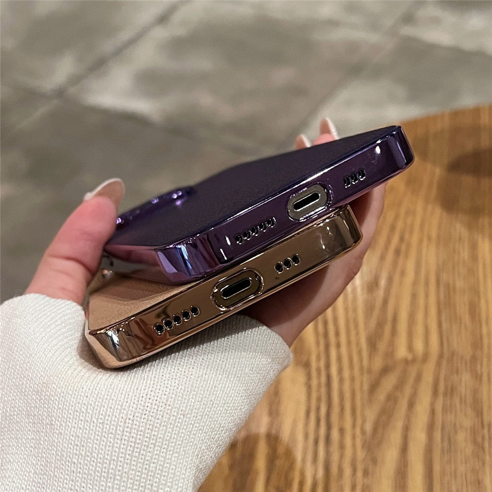 Lederne iPhone-Hülle mit galvanischen Seiten, Kameraschutz, 13 14 15 16 17 Pro Max, stilvolles Design | Sansoti
