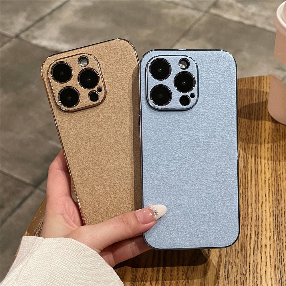 Lederne iPhone-Hülle mit galvanischen Seiten, Kameraschutz, 13 14 15 16 17 Pro Max, stilvolles Design | Sansoti