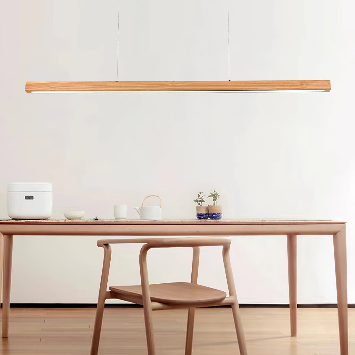 LED-Hängeleuchte Holz linear warmes Licht Esstisch Kochinsel minimalistisch Japandi Design verstellbares Kabel Balkenlampe | Sansoti