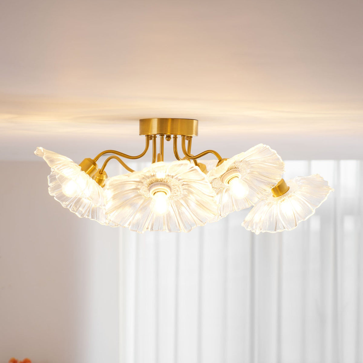 Glass Ceiling Lamp with Leaf Motif – 3, 5 or 6 Light Points – Golden Fixture with Clear or Pink Frosted Glass | Sansoti