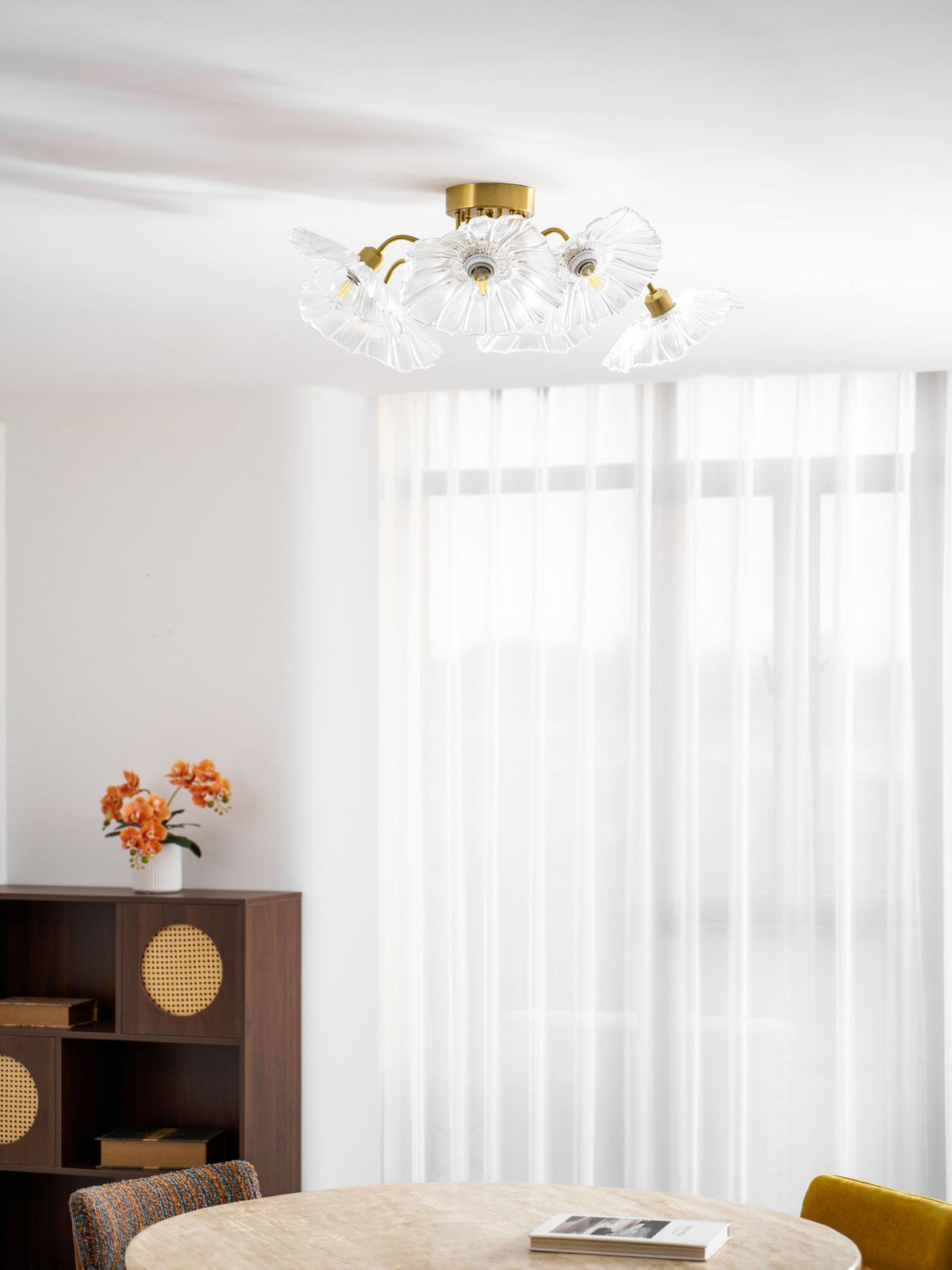 Glass Ceiling Lamp with Leaf Motif – 3, 5 or 6 Light Points – Golden Fixture with Clear or Pink Frosted Glass | Sansoti