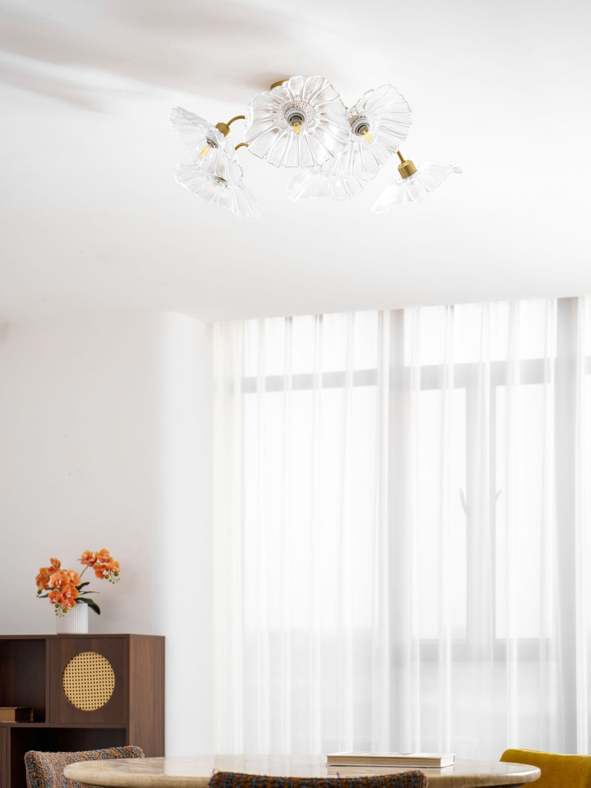 Glass Ceiling Lamp with Leaf Motif – 3, 5 or 6 Light Points – Golden Fixture with Clear or Pink Frosted Glass | Sansoti