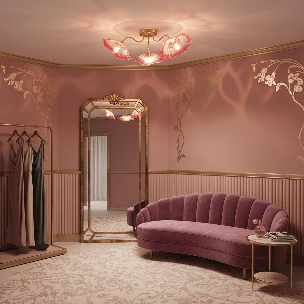Glass Ceiling Lamp with Leaf Motif – 3, 5 or 6 Light Points – Golden Fixture with Clear or Pink Frosted Glass | Sansoti