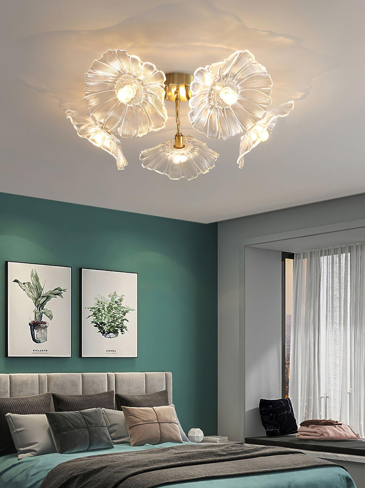 Glass Ceiling Lamp with Leaf Motif – 3, 5 or 6 Light Points – Golden Fixture with Clear or Pink Frosted Glass | Sansoti