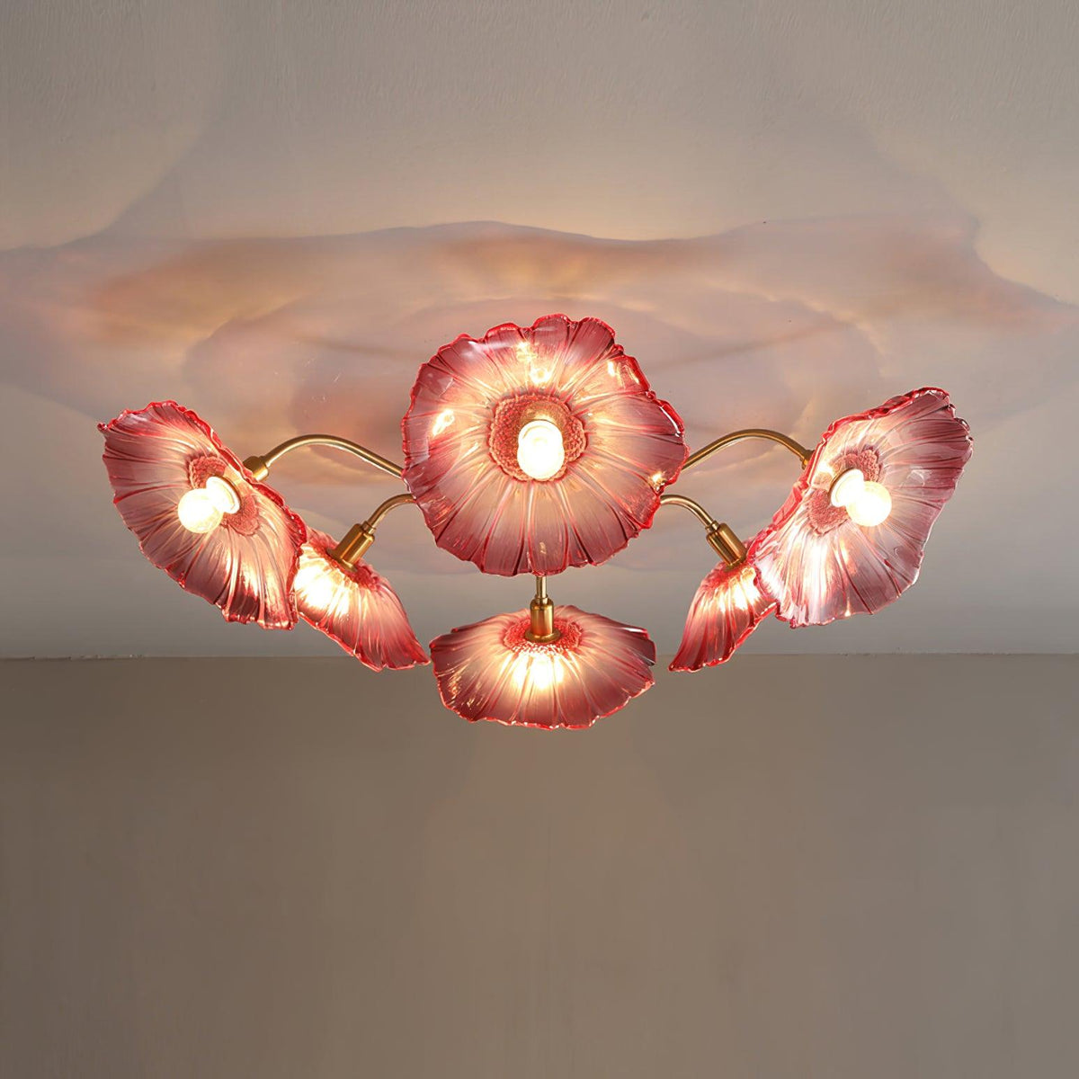 Glass Ceiling Lamp with Leaf Motif – 3, 5 or 6 Light Points – Golden Fixture with Clear or Pink Frosted Glass | Sansoti