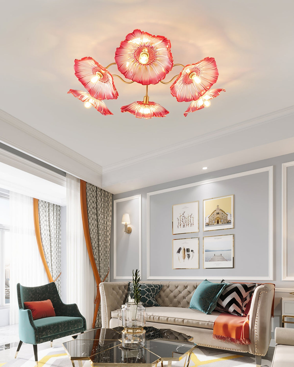 Glass Ceiling Lamp with Leaf Motif – 3, 5 or 6 Light Points – Golden Fixture with Clear or Pink Frosted Glass | Sansoti