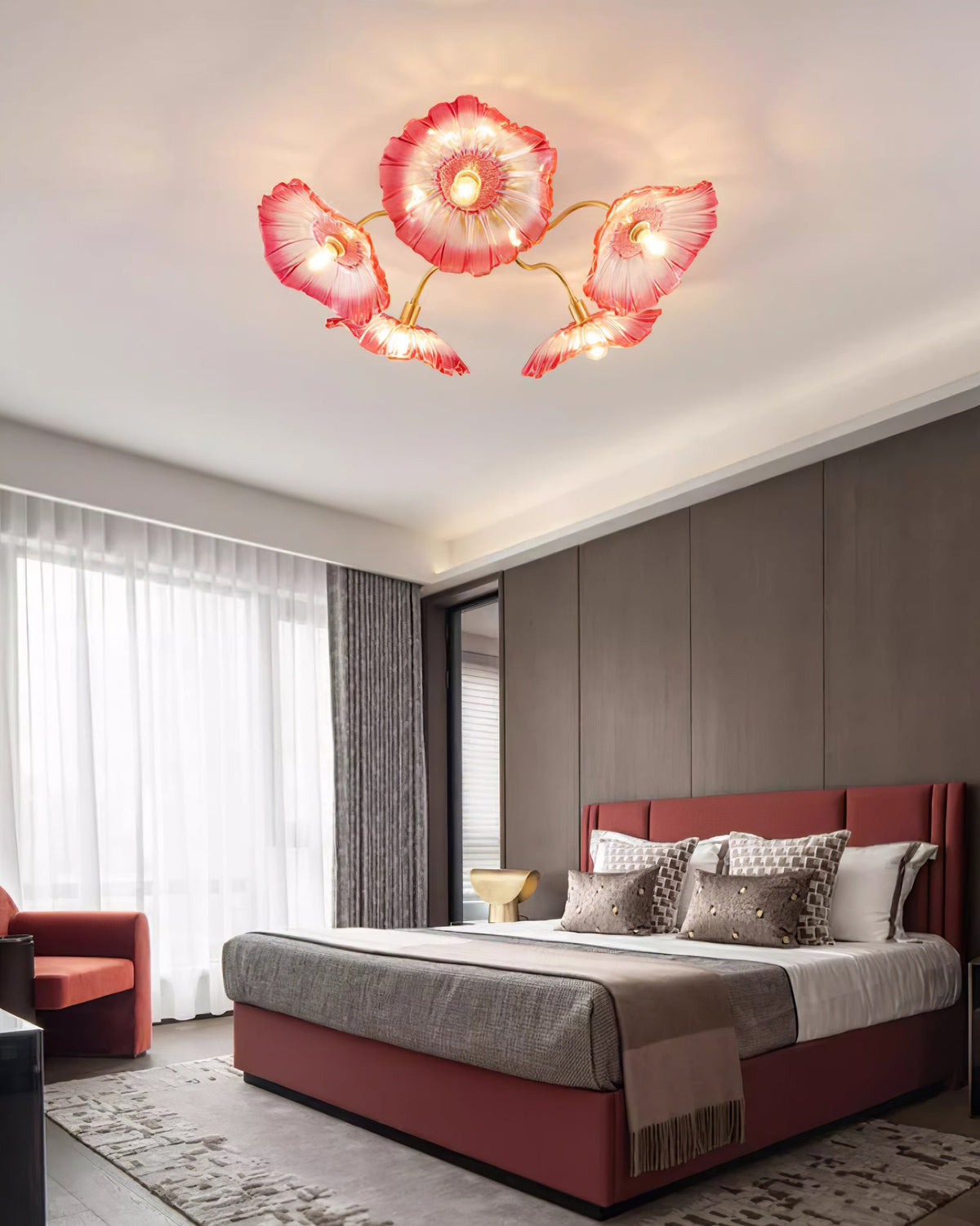 Glass Ceiling Lamp with Leaf Motif – 3, 5 or 6 Light Points – Golden Fixture with Clear or Pink Frosted Glass | Sansoti