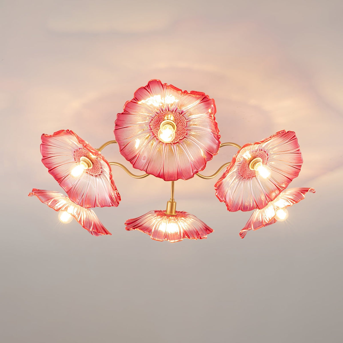 Glass Ceiling Lamp with Leaf Motif – 3, 5 or 6 Light Points – Golden Fixture with Clear or Pink Frosted Glass | Sansoti