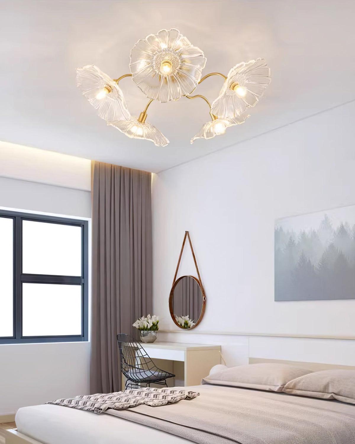 Glass Ceiling Lamp with Leaf Motif – 3, 5 or 6 Light Points – Golden Fixture with Clear or Pink Frosted Glass | Sansoti