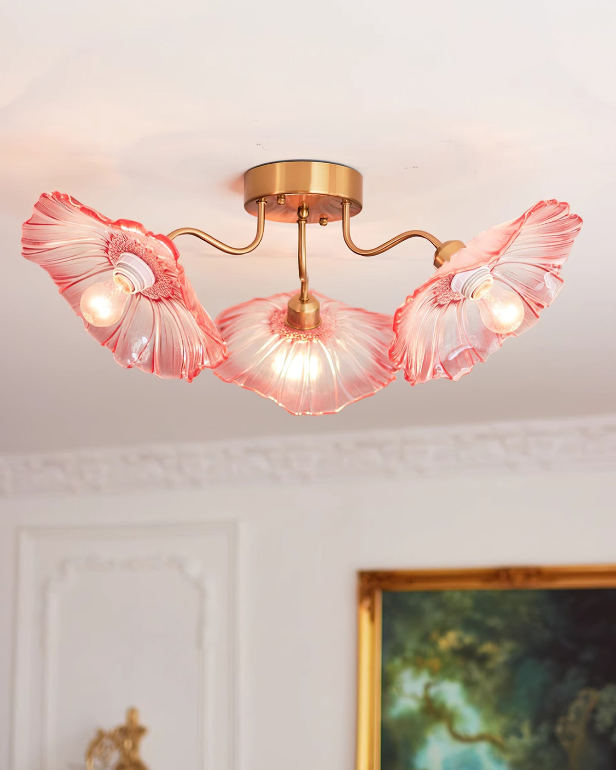Glass Ceiling Lamp with Leaf Motif – 3, 5 or 6 Light Points – Golden Fixture with Clear or Pink Frosted Glass | Sansoti